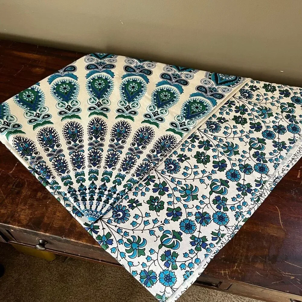 VTG Blue Green Mandala Cotton Tablecloth 82x53 Boho Maximalist Floral NWOT